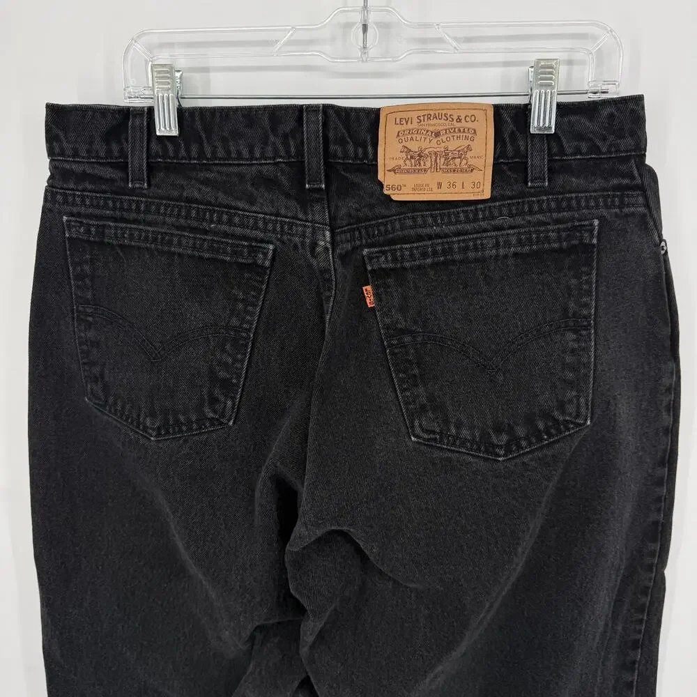 Vintage 90s Mens Levi's 560 Loose Fit Tapered Leg Black Orange Tab Jeans (34x30)